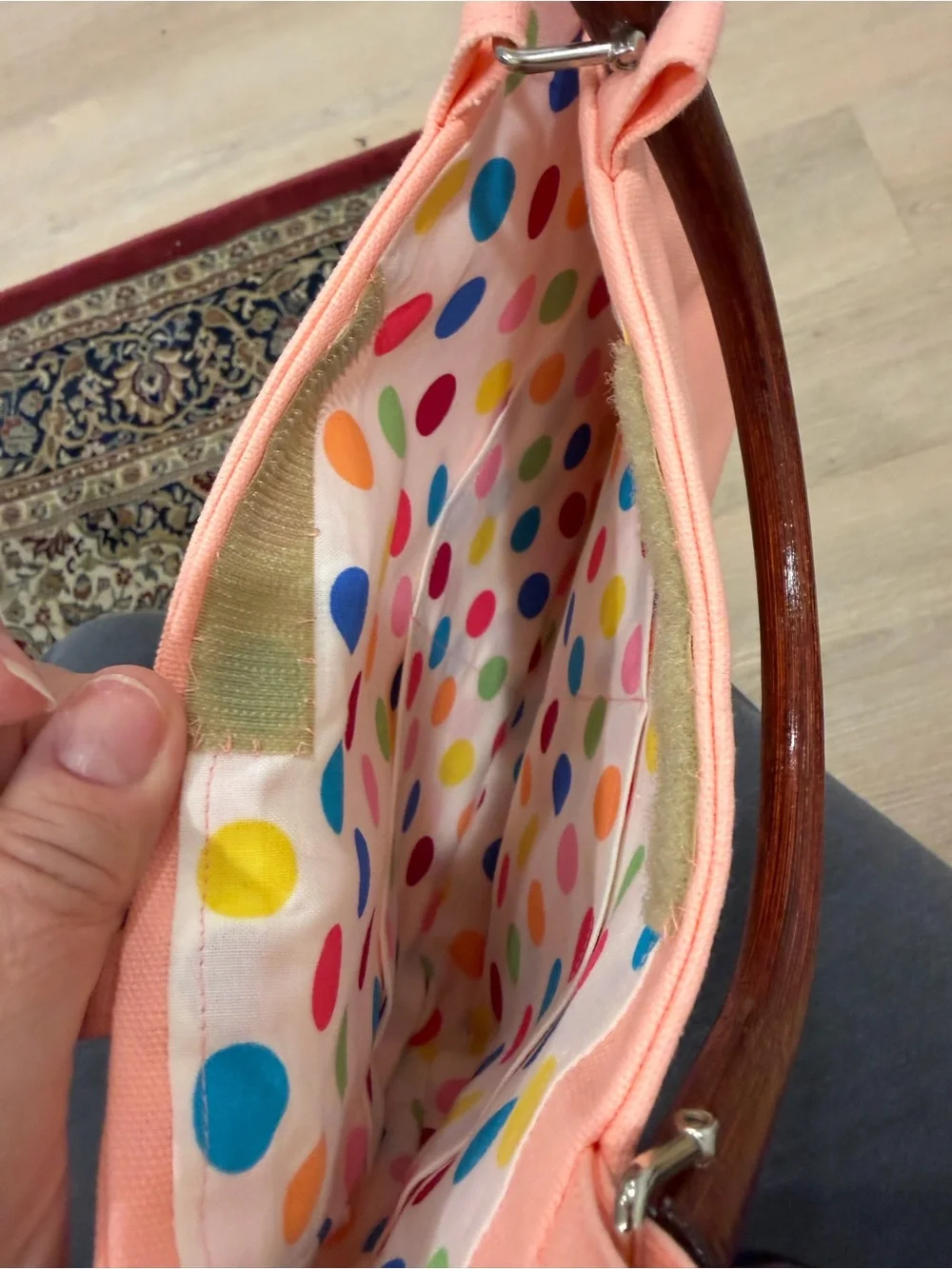 Pink Floral Embroidered Purse with Wooden Handles